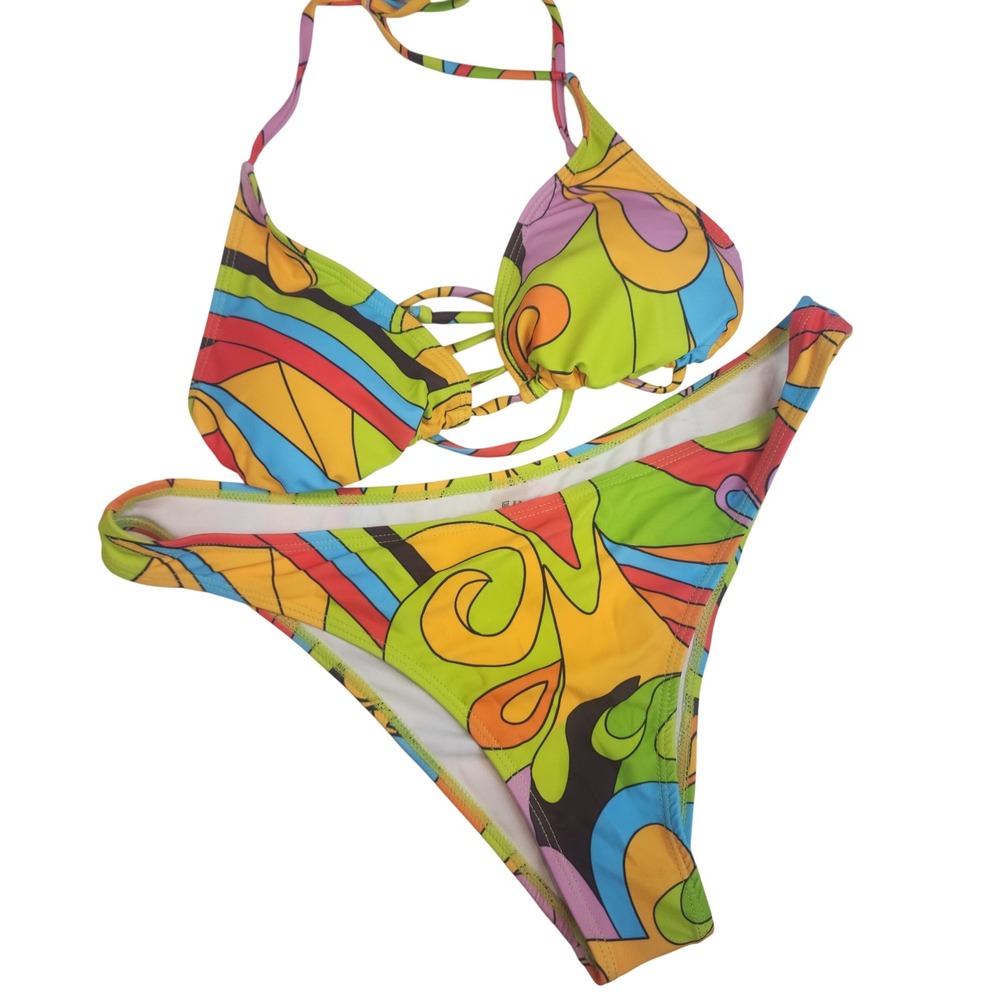 Bikini‎ Set Womens L Multi Abstract Psychedelic Ladder Cutout Retro 664 NWOT